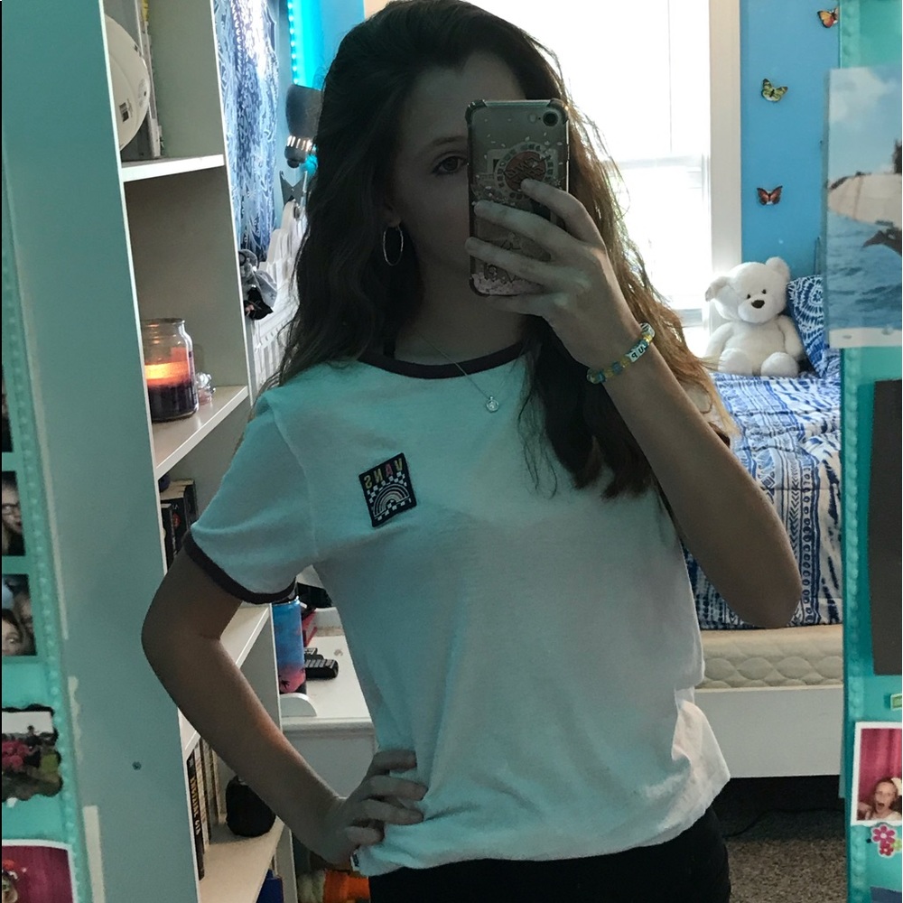 White and burgundy vans tee shirt w/ rainbow patch